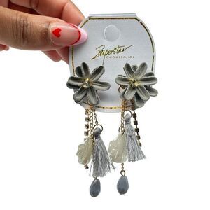 Superstar Accessories Women’s Blue Seashell Rhinestone Tassel Drop Boho Earrings